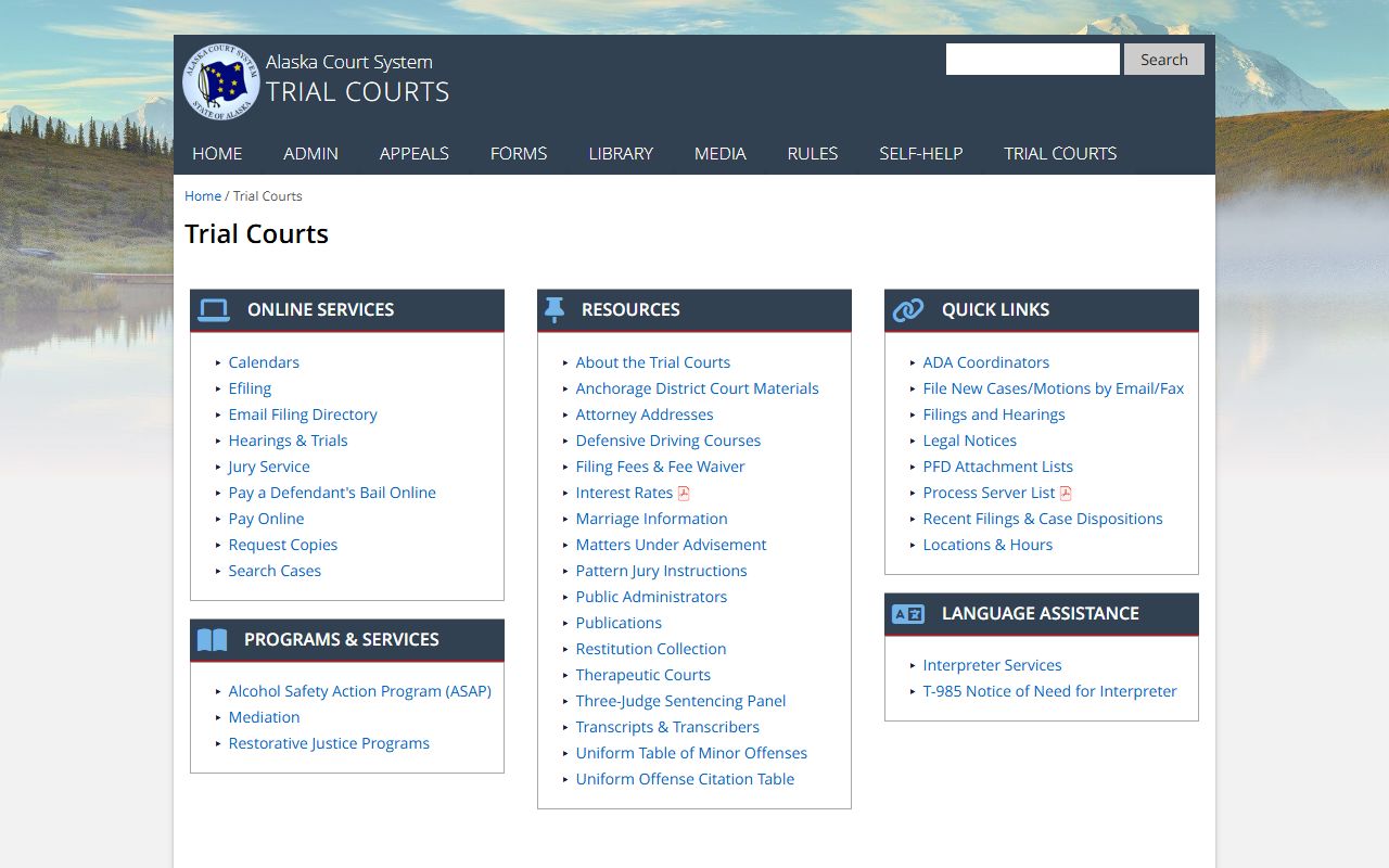 Alaska court trial courts information page for records requests