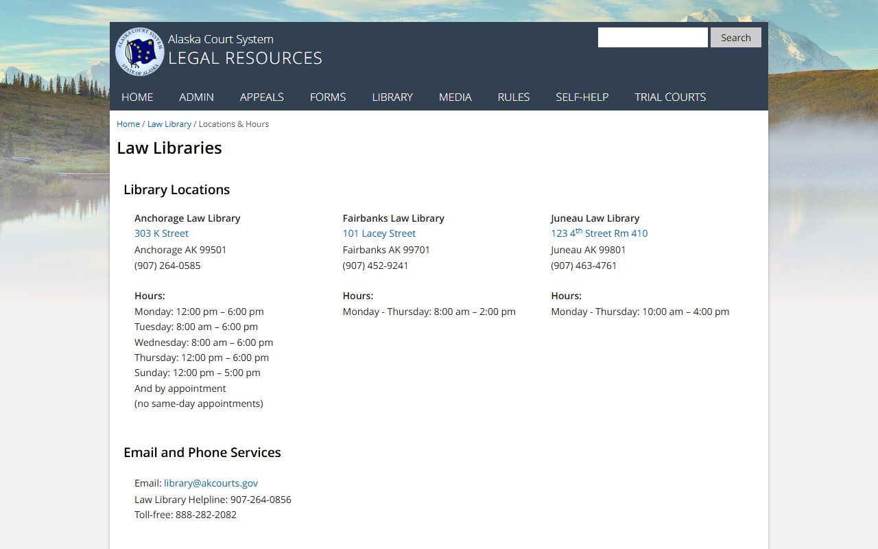 Alaska court law library locations page showing hours and contacts