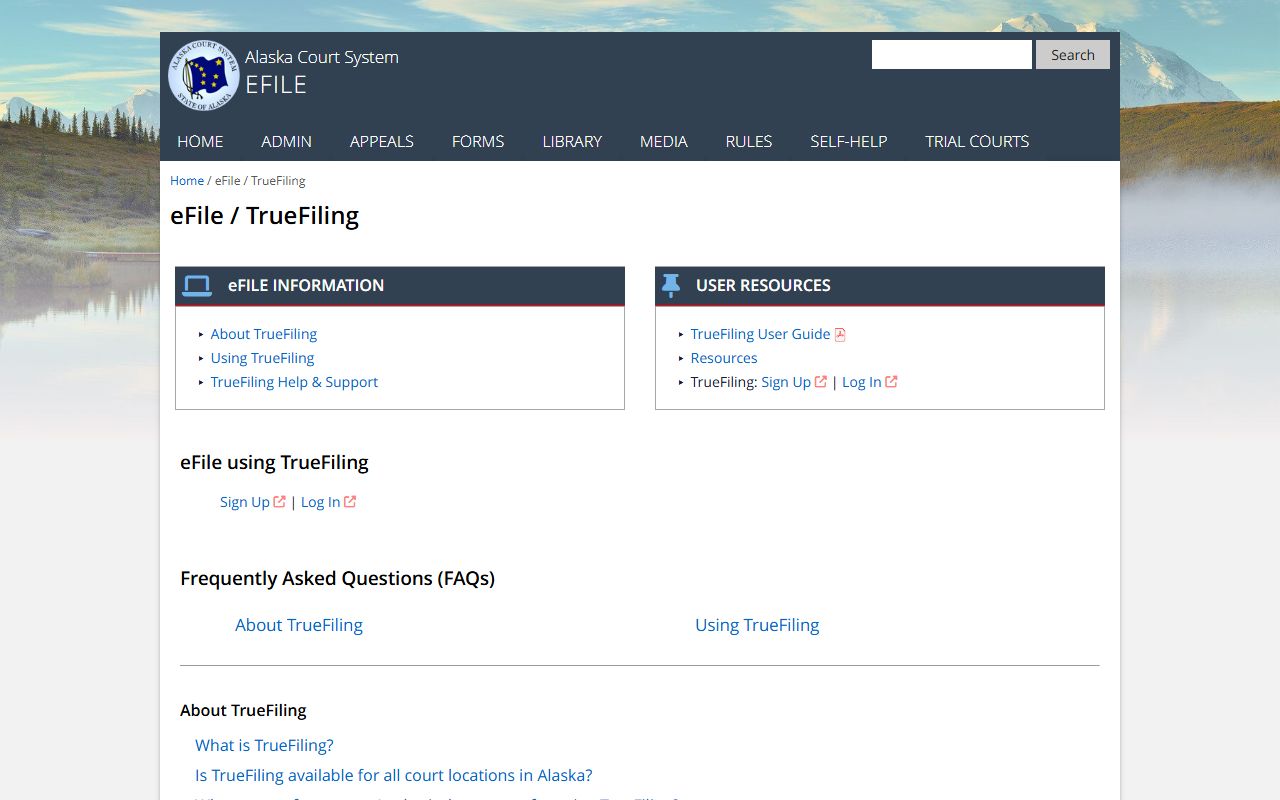 Alaska courts eFiling TrueFiling information page