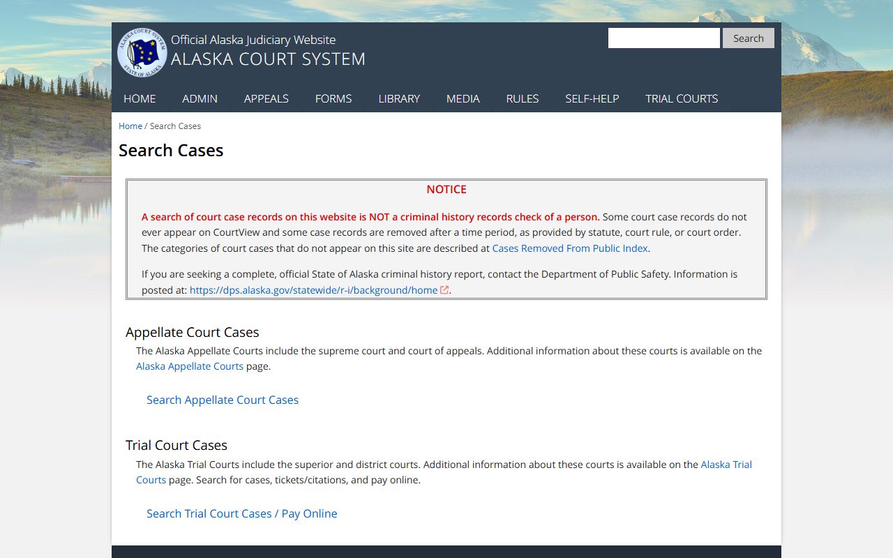 Alaska CourtView court records search portal page