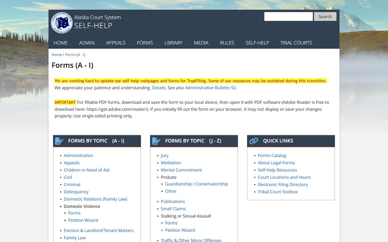 Alaska court forms page including TF-311 records request forms