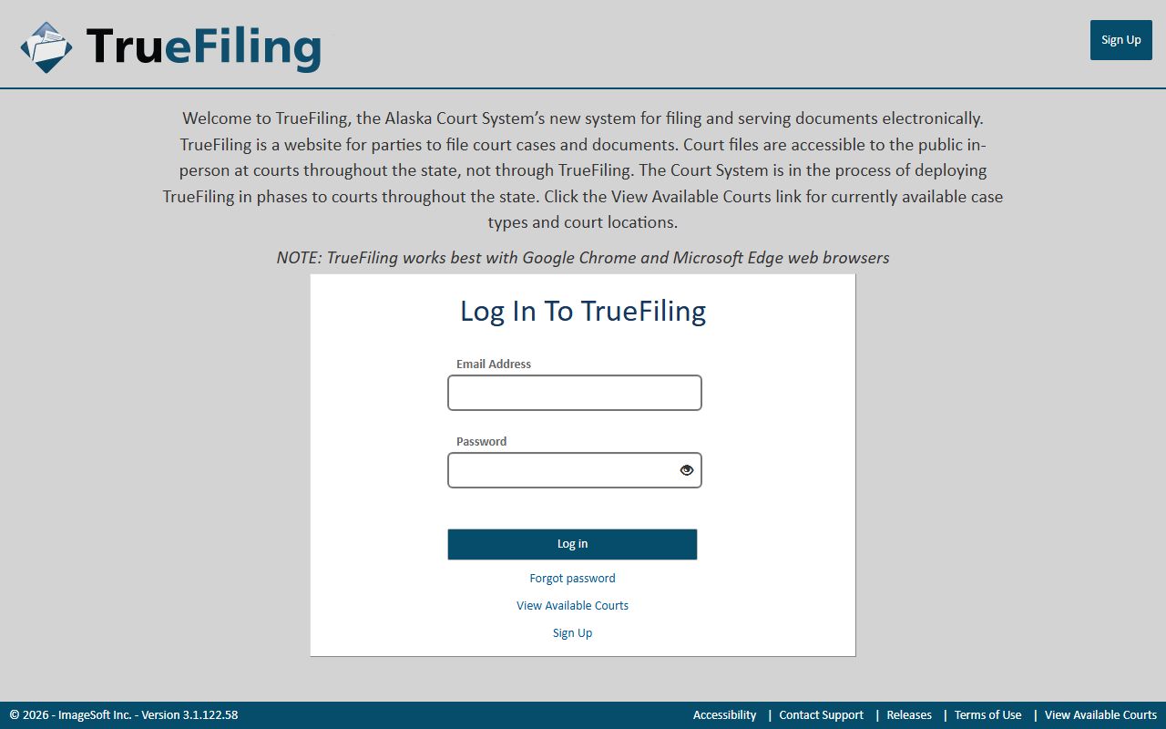 TrueFiling portal for Alaska court electronic filing login