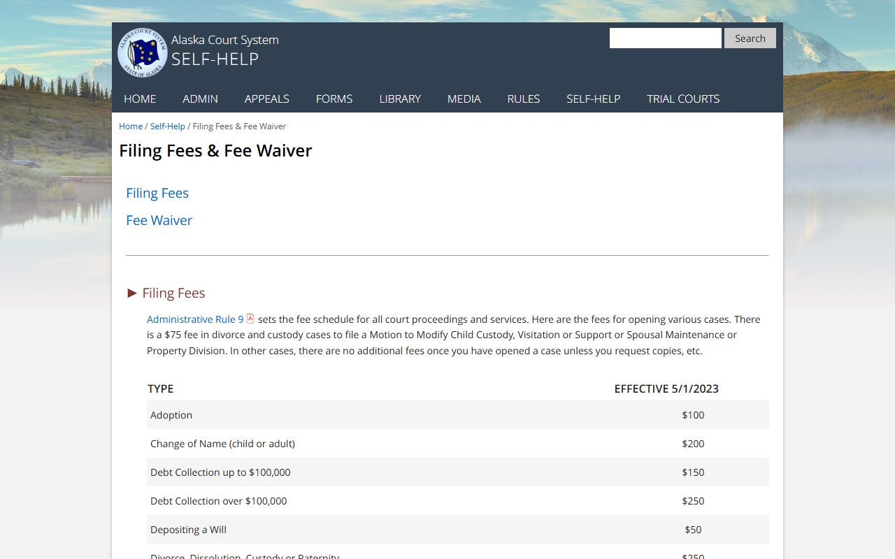 Alaska court fee schedule page showing filing and copy costs