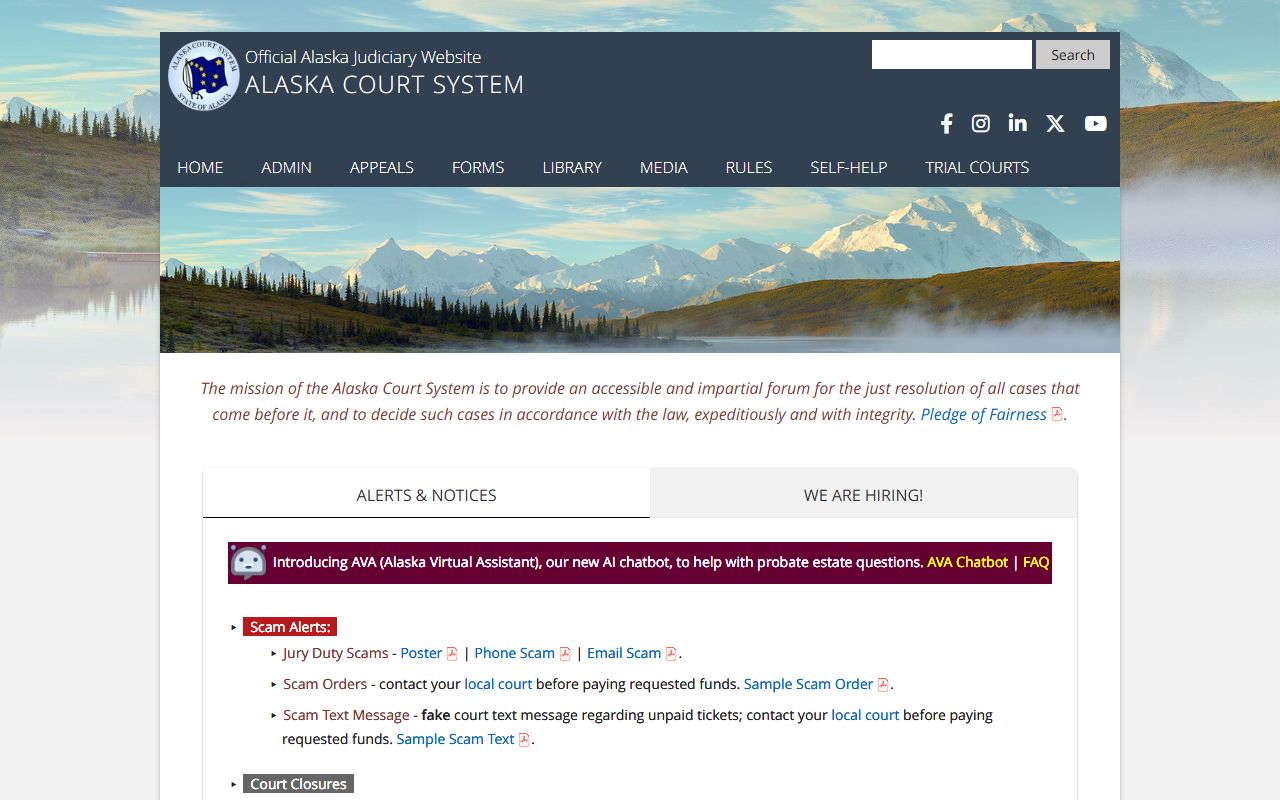 Alaska Court System main website portal for court records